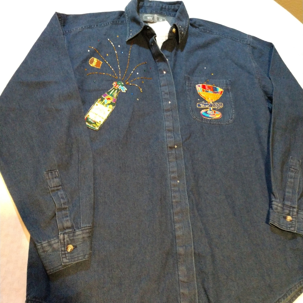 NWT Vintage New Years Eve NYE Shirt Champagne Denim Embroidered NOS 2000 Medium